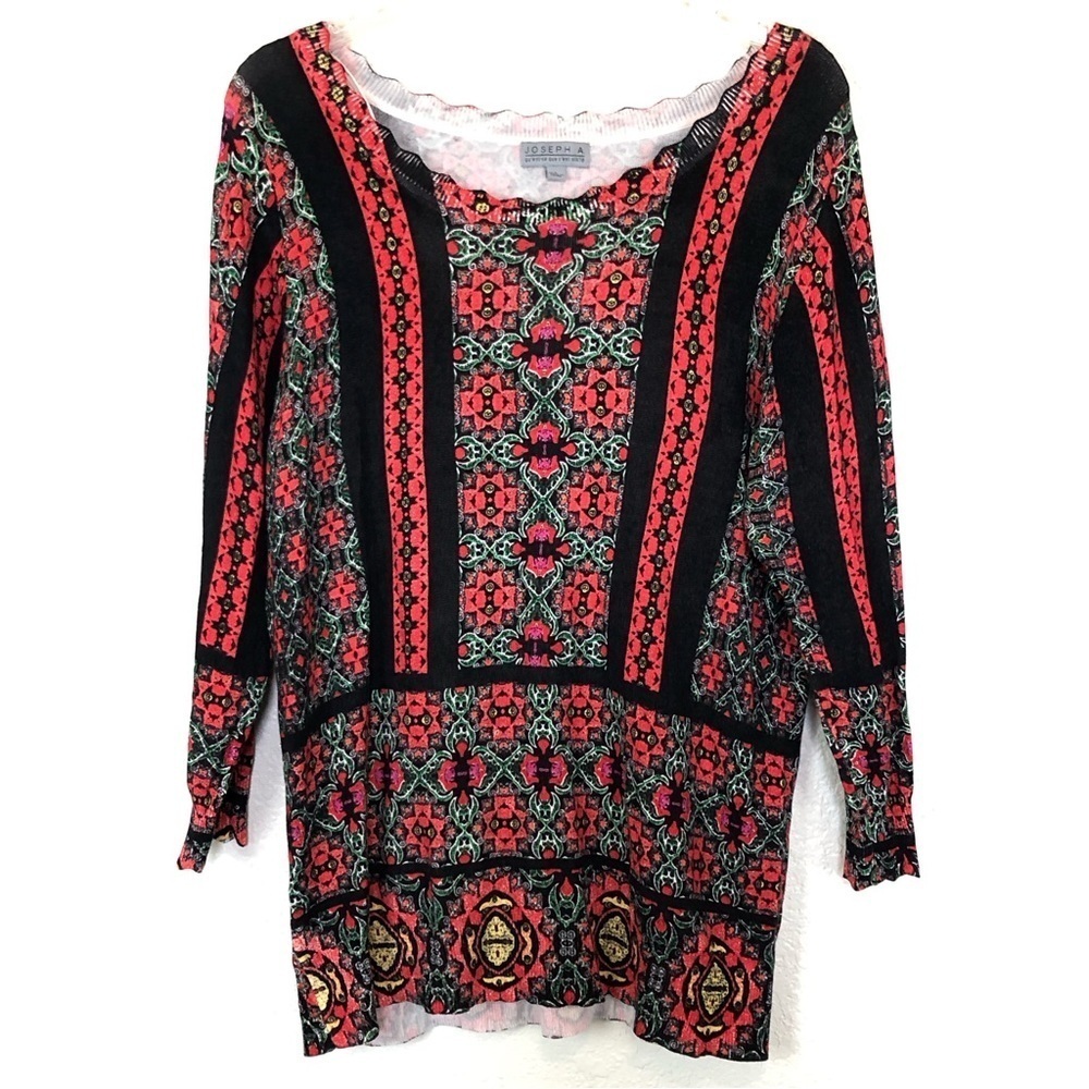 JOSEPH A Rayon Blend Black Red Floral Pullover Knit Top Large